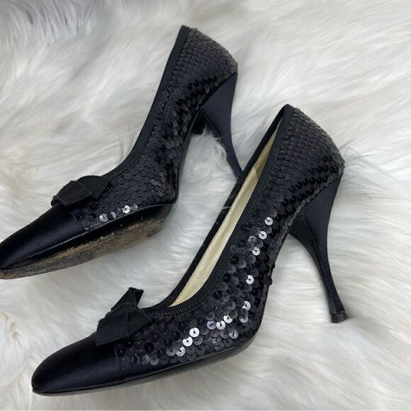 Prada Sequin Satin Bow Heels Black 36.5 - Picture 6 of 8